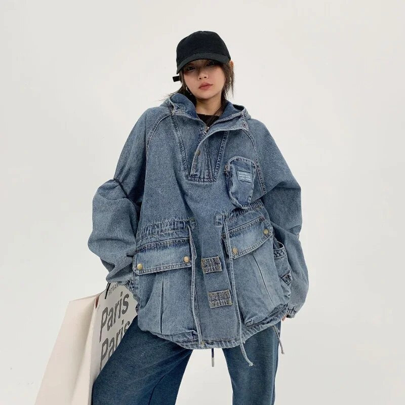 Hip-hop voľná džínsová bunda pre mužov a ženy vintage viacvreckový sveter s kapucňou High Street Wash Cargo kovbojský kabát jesenné topy pre páry