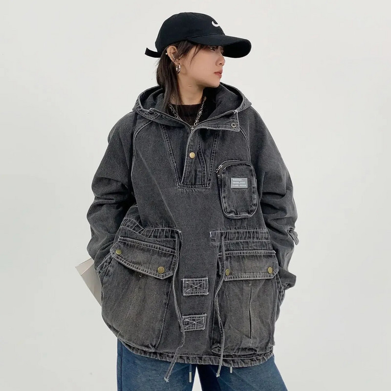 Hip-hop voľná džínsová bunda pre mužov a ženy vintage viacvreckový sveter s kapucňou High Street Wash Cargo kovbojský kabát jesenné topy pre páry