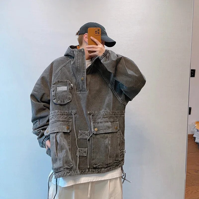 Hip-hop voľná džínsová bunda pre mužov a ženy vintage viacvreckový sveter s kapucňou High Street Wash Cargo kovbojský kabát jesenné topy pre páry