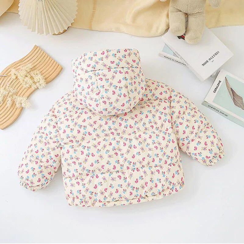 Dievčenská kvetinová páperová bavlnená bunda s kapucňou, kórejská detská teplá vrchná bielizeň so stojatým golierom, jeseň/zima 2023, nové hrubé kabáty