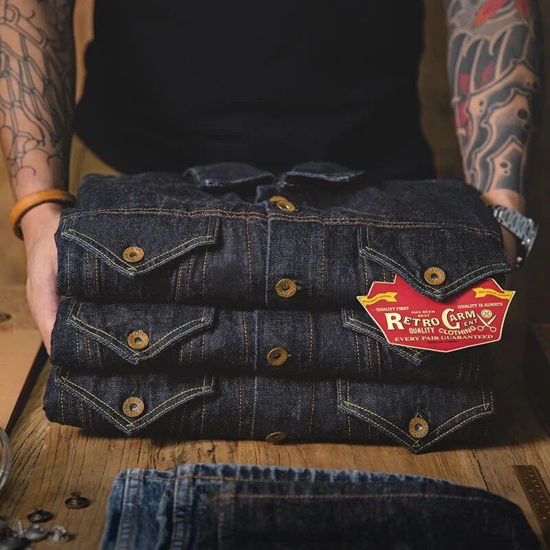 Jachetă de denim clasică Maden pentru bărbați, cu design de marcă, Amekaji Wear, haină vintage, slim fit, 14,8 oz, jachete de blugi spălați, culoare închisă