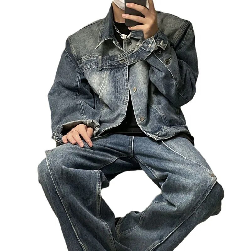 Pánska džínsová bunda FEWQ, americký vintage štýl, golier a opasok z roku 2023, jednoradový pánsky kabát, High Street 24X1972