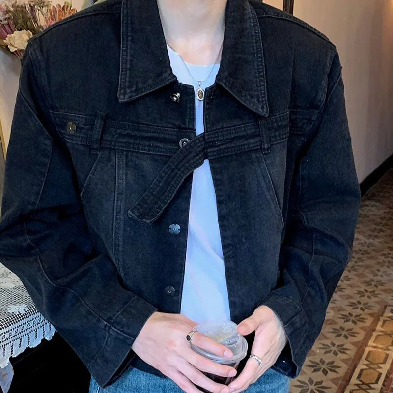 Pánska džínsová bunda FEWQ, americký vintage štýl, golier a opasok z roku 2023, jednoradový pánsky kabát, High Street 24X1972
