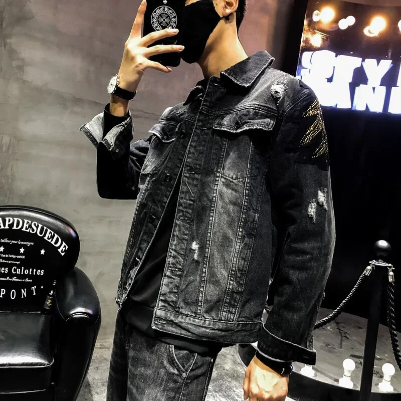 YASUGUOJI nou 2022 stil punk la modă vultur brodat geaca de jeans pentru bărbați jachete de blugi Streetwear jachetă neagră subțire pentru bărbați