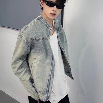 Wash Vintage Denim Jacket Мъжко Женско High Street Свободни каубойски палта Zipper Distress Design Coat Унисекс Японски университетски якета