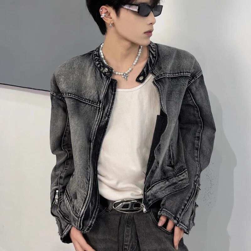 Umyte si vintage džínsovú bundu, mužskú ženu, voľnú kovbojskú bundu, zipsový kabát s dizajnom v tiesni, unisex japonské univerzitné bundy