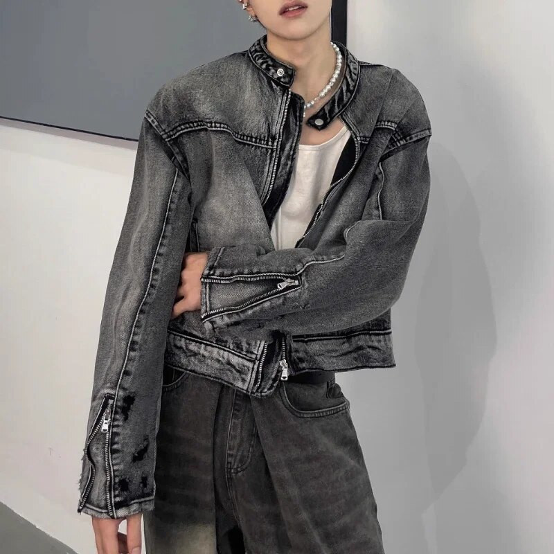 Umyte si vintage džínsovú bundu, mužskú ženu, voľnú kovbojskú bundu, zipsový kabát s dizajnom v tiesni, unisex japonské univerzitné bundy