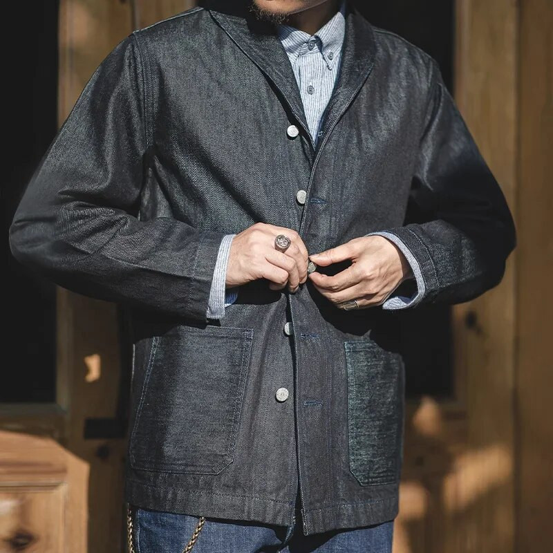 Jachetă de blugi cu revere Maden, 13,5 oz, haină cu buzunare multiple, pentru bărbați, vintage, îmbrăcăminte de lucru, cămăși din denim, haine la modă de calitate pentru bărbați