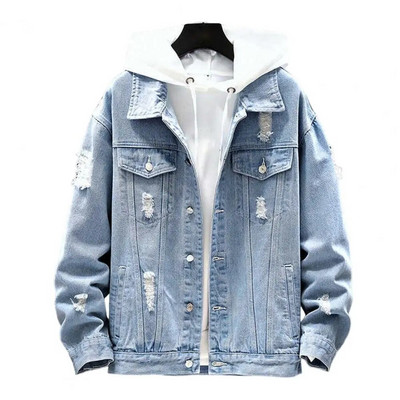 Pánske hip hopové džínsové bundy s kapucňou, pánske ležérne vrchné oblečenie 2023, nové jesenné a zimné módne slim fit kabáty, pánske džínsové bundy, streetwear