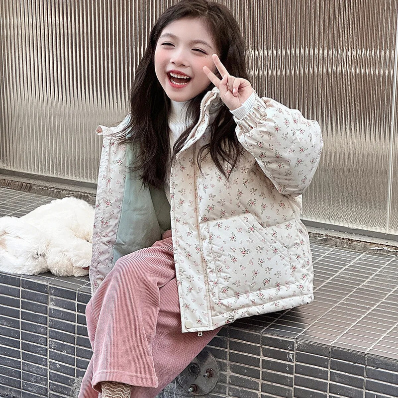 Dievčenské kvetinové bavlnené kabáty s kapucňou a zipsom, detské zimné oblečenie, zahustená detská bavlnená bunda s výplňou, detské parky