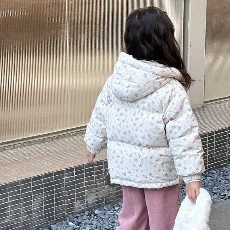 Dievčenské kvetinové bavlnené kabáty s kapucňou a zipsom, detské zimné oblečenie, zahustená detská bavlnená bunda s výplňou, detské parky