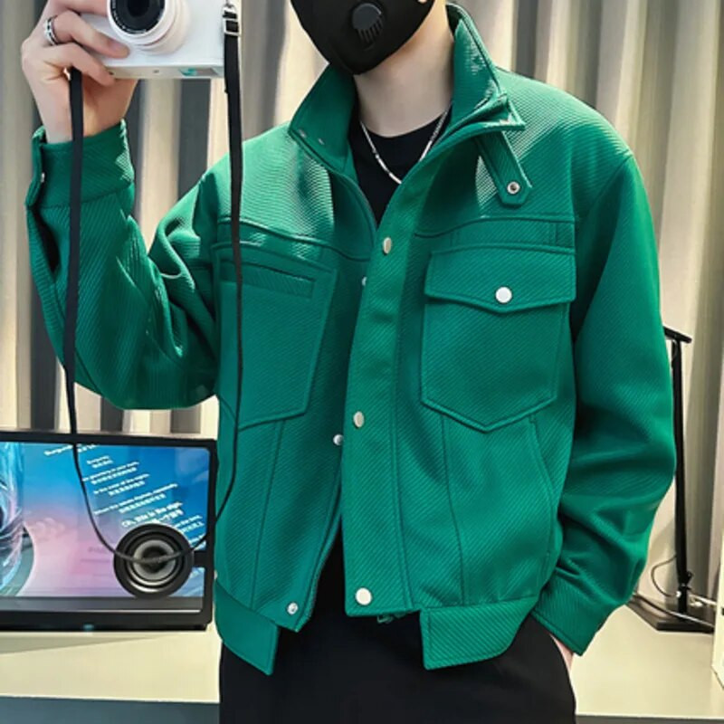 Pánska jednofarebná baseballová bunda s veľkým vreckom, klopová bunda, pánsky klubový outfit, zelená retro bomber bunda pre páry