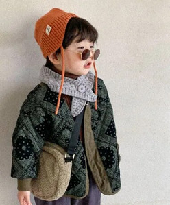 Jesenná zima kórejská 2023 batoľatá chlapčenské parky s bavlnenou podšívkou, potlačou, dlhým rukávom, dojčenským kabátom, retro voľnou teplou chlapčenskou bundičkou