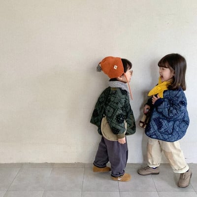 Toamnă iarnă coreeană 2023 pentru copii mici Parka bumbac căptușit imprimat cu mânecă lungă pentru sugari băiat jachetă retro largi caldă pentru bebeluș