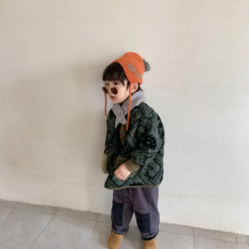 Jesenná zima kórejská 2023 batoľatá chlapčenské parky s bavlnenou podšívkou, potlačou, dlhým rukávom, dojčenským kabátom, retro voľnou teplou chlapčenskou bundičkou