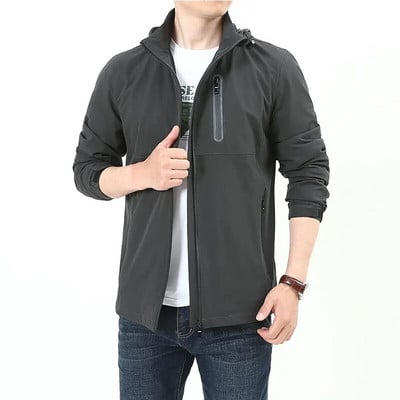 Striukės Vyriškos, neperpučiamos nuo vėjo, šiltos vienspalvės, lengvos, su gobtuvu užtrauktuku Madingas paltas Lauko sportinė apranga Vyriški rudeniniai megztiniai ilgomis rankovėmis