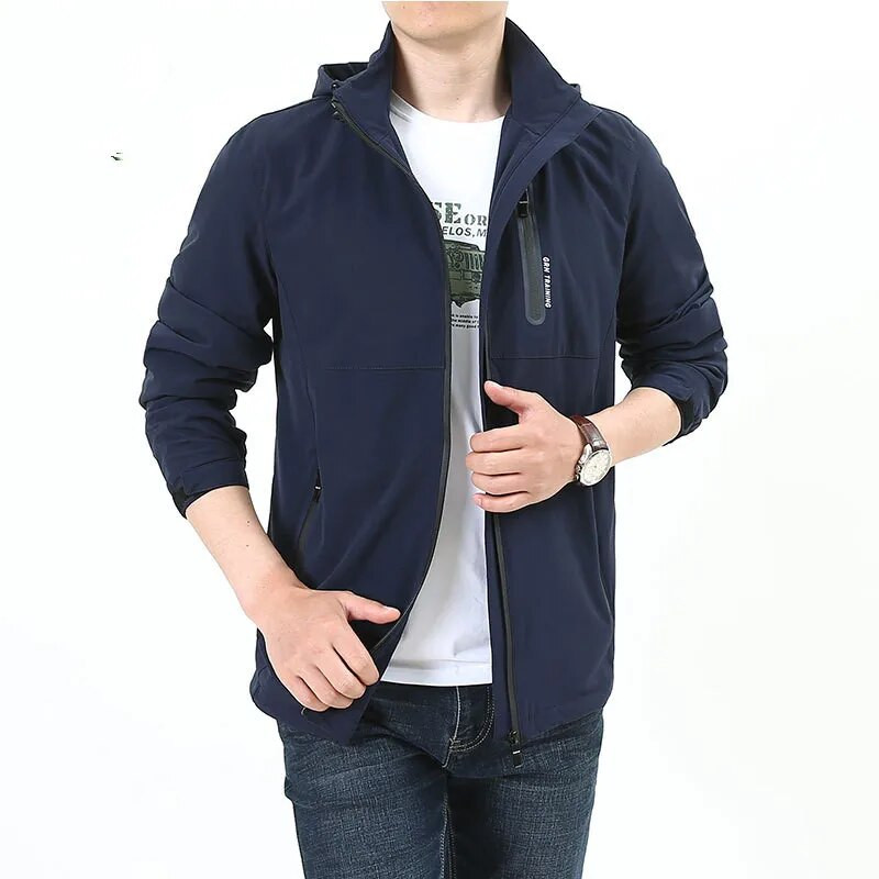 Striukės Vyriškos, neperpučiamos nuo vėjo, šiltos vienspalvės, lengvos, su gobtuvu užtrauktuku Madingas paltas Lauko sportinė apranga Vyriški rudeniniai megztiniai ilgomis rankovėmis