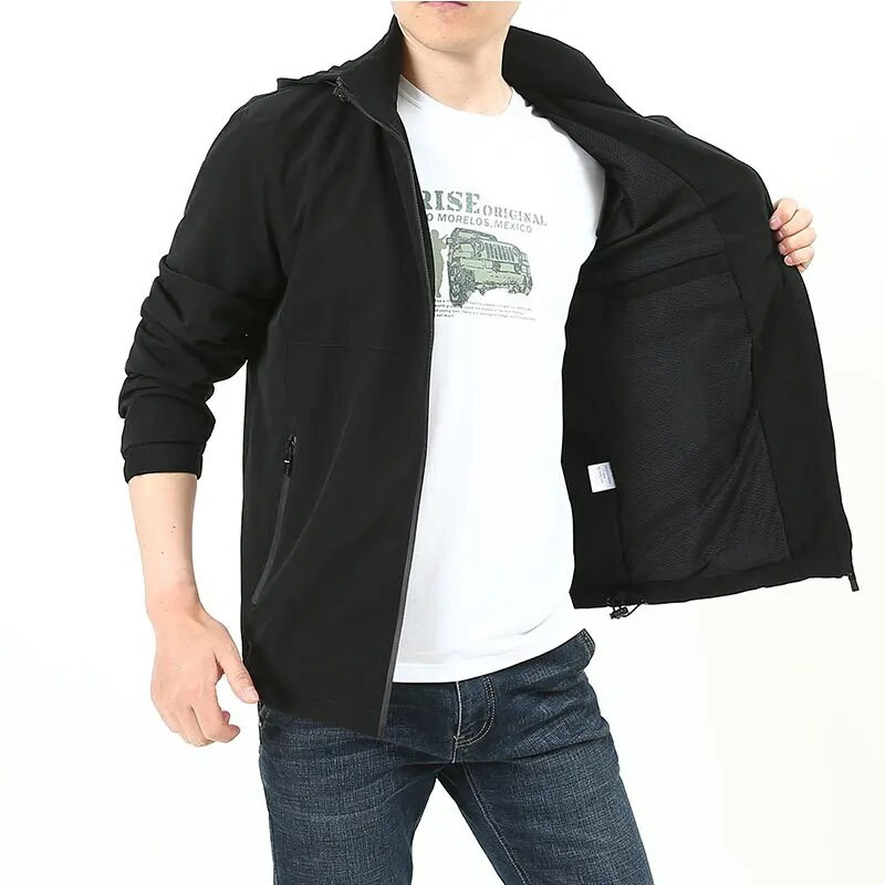 Striukės Vyriškos, neperpučiamos nuo vėjo, šiltos vienspalvės, lengvos, su gobtuvu užtrauktuku Madingas paltas Lauko sportinė apranga Vyriški rudeniniai megztiniai ilgomis rankovėmis