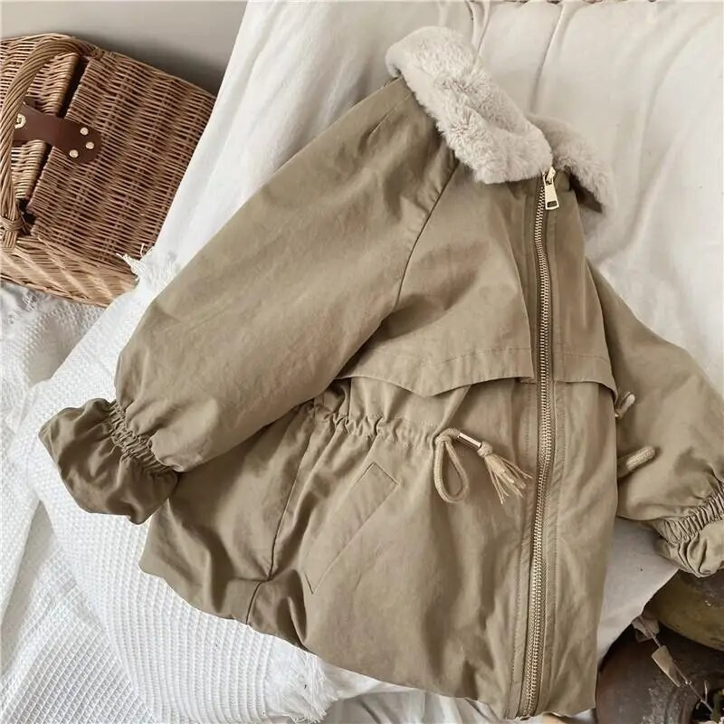 Chlapčenské khaki jahňacie vlnené parky, jesenné a zimné kabáty, kožušinové bundy pre dievčatá, roztomilá teplá bunda, detský snowboardový overal, móda