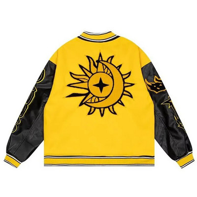 Výšivka Bomber Jacket Muži Ženy Sun Letter Flocking Voľný Casual Patchwork Kabát Unisex High Street Varsity Baseball Outwear