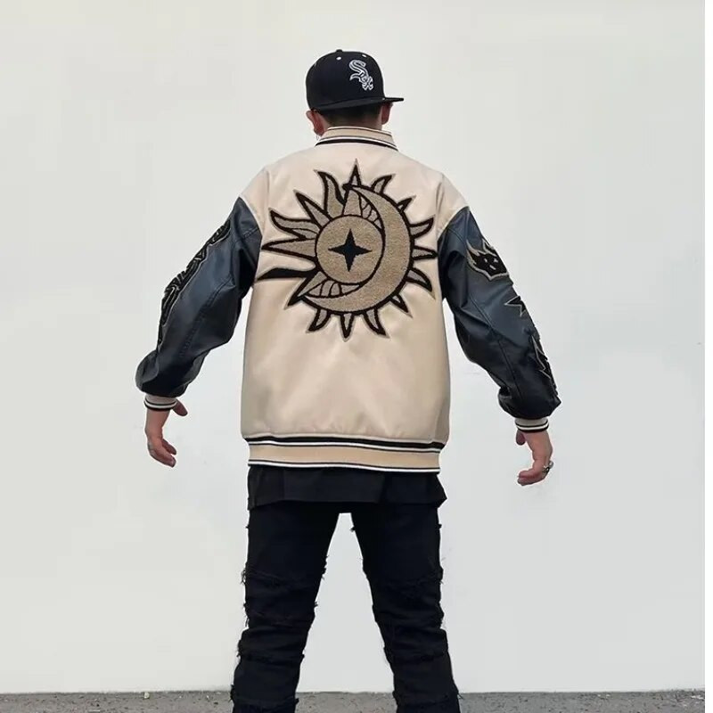 Výšivka Bomber Jacket Muži Ženy Sun Letter Flocking Voľný Casual Patchwork Kabát Unisex High Street Varsity Baseball Outwear