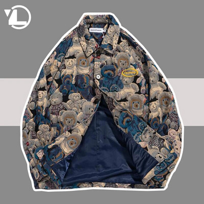 Ανδρικά φαρδιά μπουφάν Varsity Bear Full Pattern Μπουφάν μπέιζμπολ Άνοιξη φθινόπωρο Streetwear Μόδα Causal Bomber Outwear Unisex Παλτό