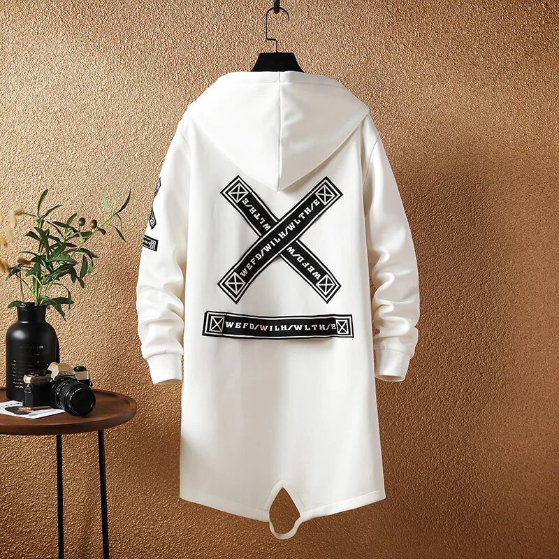 Pánska bunda, pánsky dlhý kabát s kapucňou a potlačou 5XL, čierny, 2023, hip hop, streetwear, pánske bundy, vrchné oblečenie