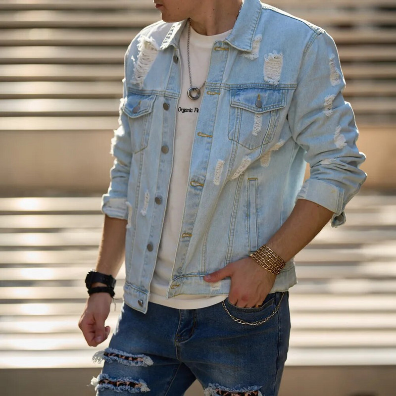 Jesenná nová pánska streetwear módna pevná štíhla džínsová bunda vysoko kvalitná pánska ležérna bunda kabát