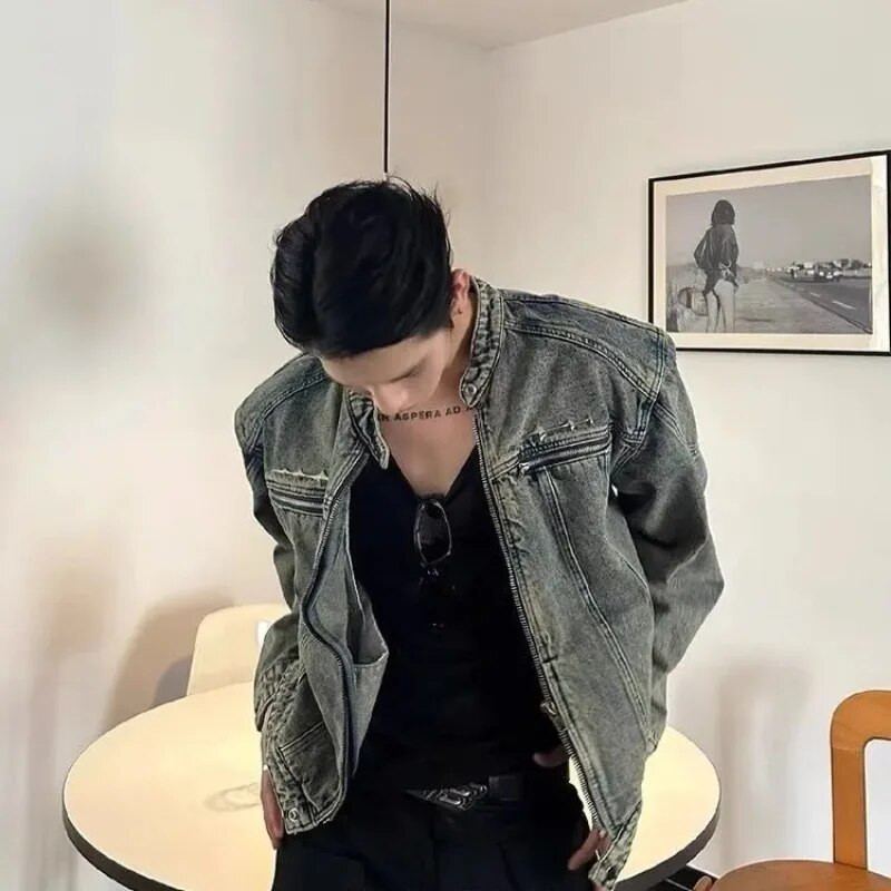 Férfi farmer dzsekik divatos vintage mosott vállpárna rövid Jean kabát uniszex magas Steet fém logó design állvány gallér ruházat