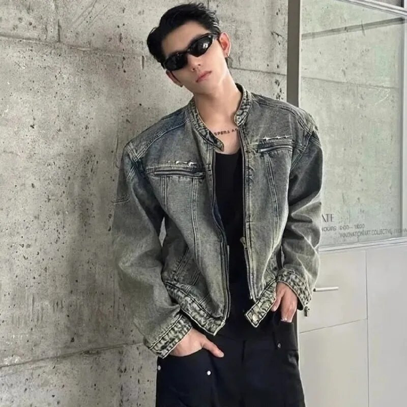 Férfi farmer dzsekik divatos vintage mosott vállpárna rövid Jean kabát uniszex magas Steet fém logó design állvány gallér ruházat