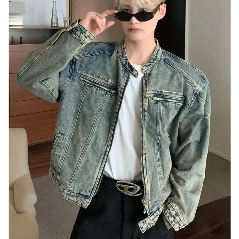 Férfi farmer dzsekik divatos vintage mosott vállpárna rövid Jean kabát uniszex magas Steet fém logó design állvány gallér ruházat