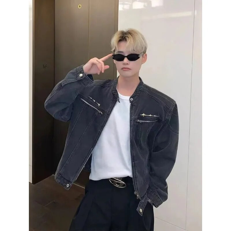 Férfi farmer dzsekik divatos vintage mosott vállpárna rövid Jean kabát uniszex magas Steet fém logó design állvány gallér ruházat