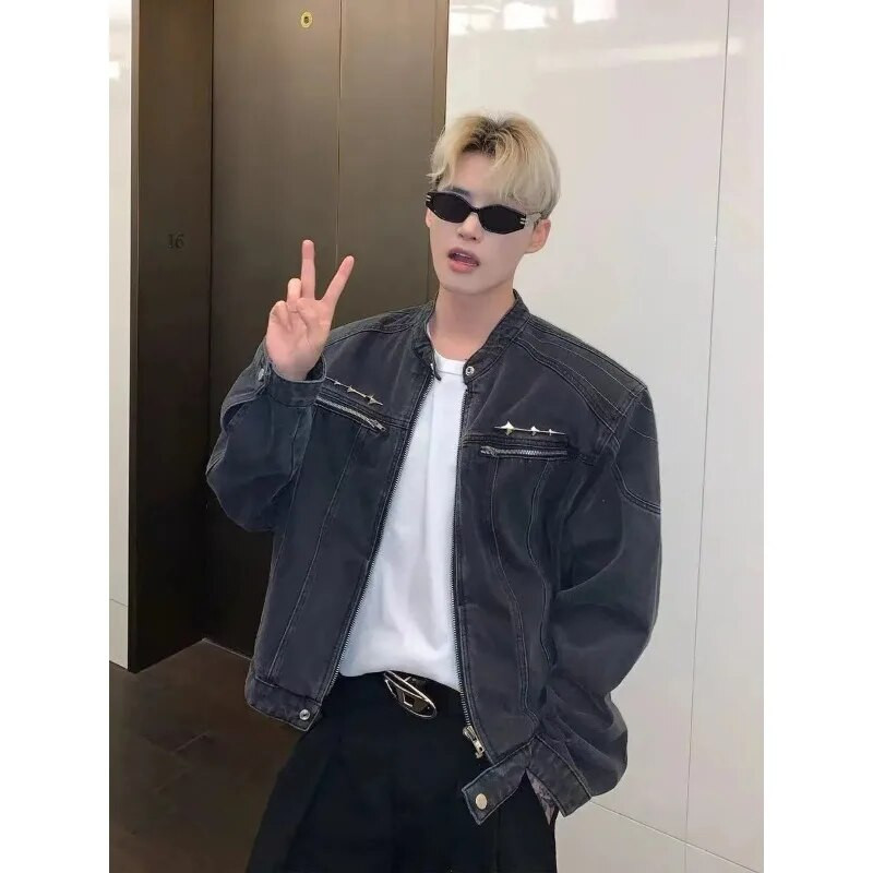 Férfi farmer dzsekik divatos vintage mosott vállpárna rövid Jean kabát uniszex magas Steet fém logó design állvány gallér ruházat