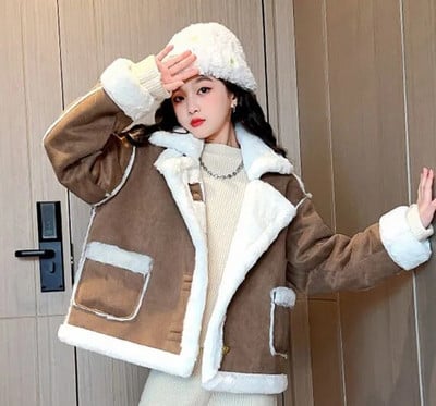 2023 Kórejský zimný dievčenský kabát Thicken Plus Velvet pre dospievajúce dievčatá, kožušinový jednodielny kabát, dievčenský kabát s veľkým golierom