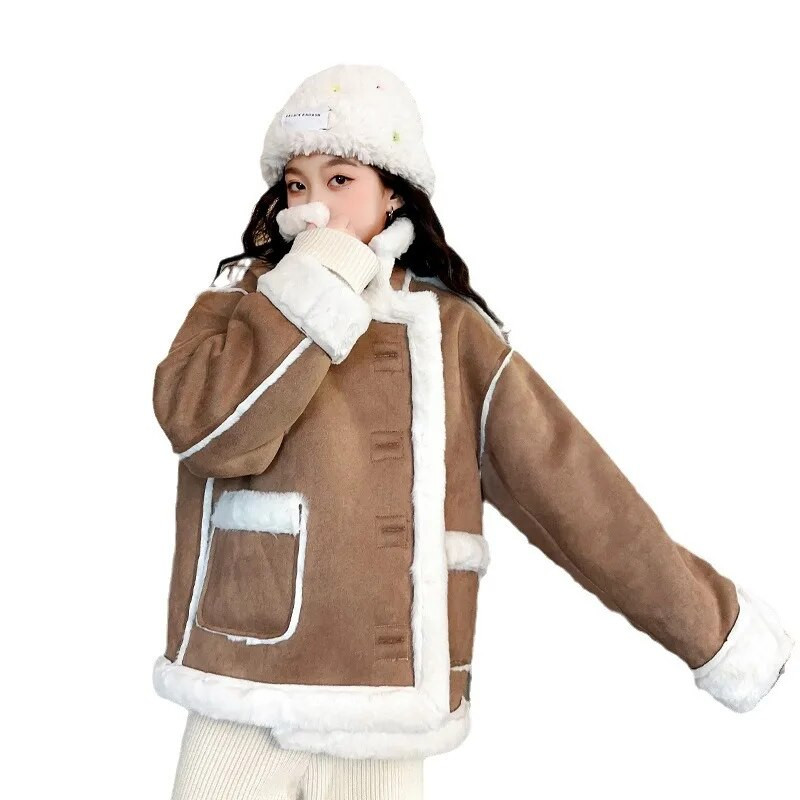 2023 Kórejský zimný dievčenský kabát Thicken Plus Velvet pre dospievajúce dievčatá, kožušinový jednodielny kabát, dievčenský kabát s veľkým golierom