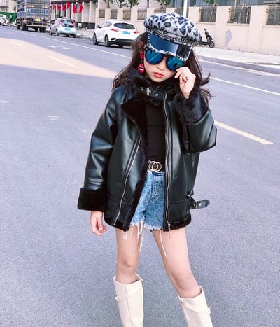 Dievčenská bunda z kože, motocyklové detské kabáty, flísová detská bunda, zima, jeseň