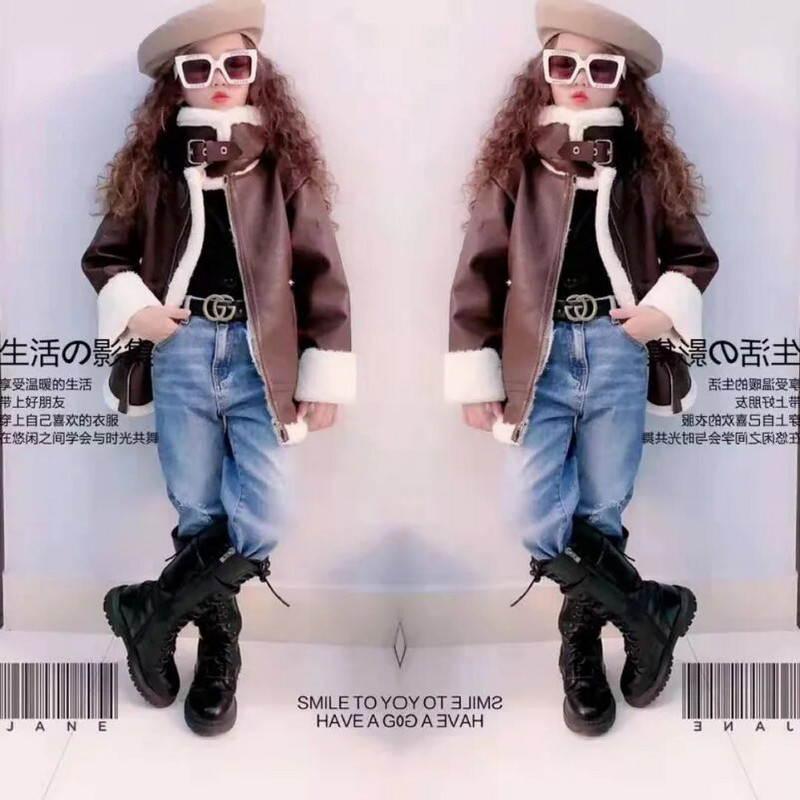 Dievčenská bunda z kože, motocyklové detské kabáty, flísová detská bunda, zima, jeseň