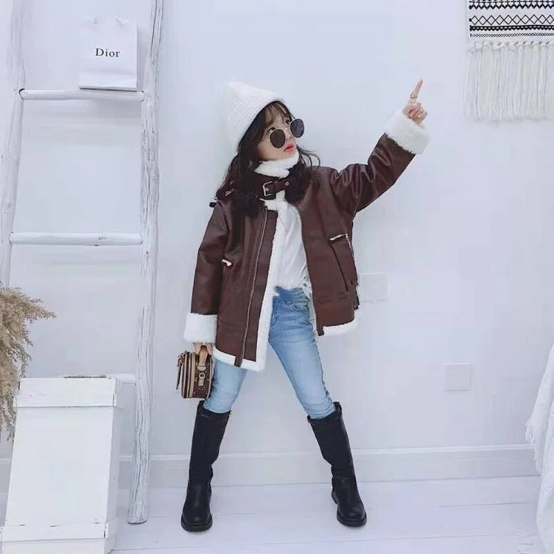 Dievčenská bunda z kože, motocyklové detské kabáty, flísová detská bunda, zima, jeseň