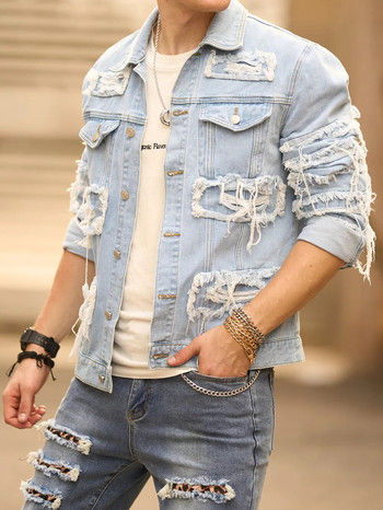 Ново мъжко улично облекло Patchwork Ripped Slim Denim Jacket Мъжко висококачествено стилно плътно ежедневно яке Палто