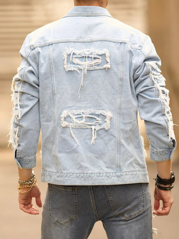 Ново мъжко улично облекло Patchwork Ripped Slim Denim Jacket Мъжко висококачествено стилно плътно ежедневно яке Палто