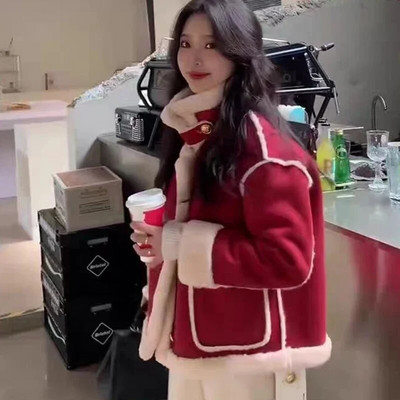 GIDYQ Zimná jahňacia kožušinová bunda pre ženy, kórejský semišový motocyklový snehový parka, zahustený krátky kabát, módny teplý vrchný odev, nový