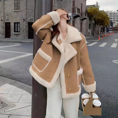 GIDYQ Zimná jahňacia kožušinová bunda pre ženy, kórejský semišový motocyklový snehový parka, zahustený krátky kabát, módny teplý vrchný odev, nový