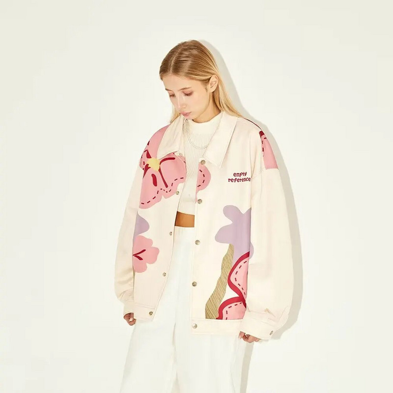 Pánska vintage džínsová bunda, voľná kvetinová vzorovaná kovbojská bunda, džínsy, Harajuku hip hop 2023, bomber bunda, ležérny kabát, bavlna, biela