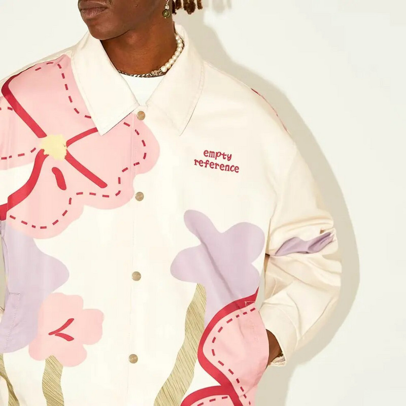 Pánska vintage džínsová bunda, voľná kvetinová vzorovaná kovbojská bunda, džínsy, Harajuku hip hop 2023, bomber bunda, ležérny kabát, bavlna, biela