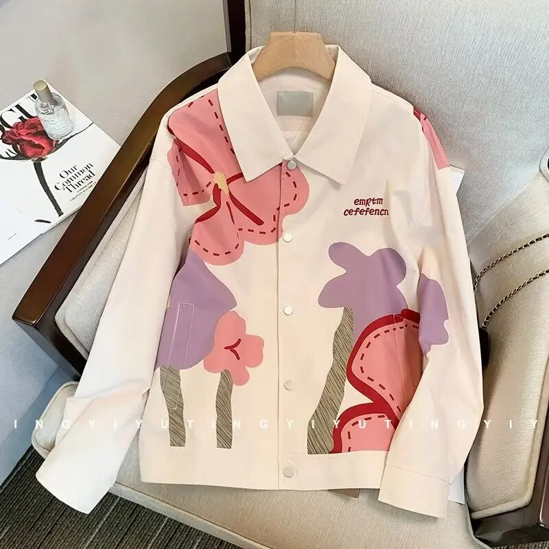 Pánska vintage džínsová bunda, voľná kvetinová vzorovaná kovbojská bunda, džínsy, Harajuku hip hop 2023, bomber bunda, ležérny kabát, bavlna, biela