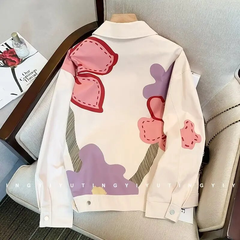 Pánska vintage džínsová bunda, voľná kvetinová vzorovaná kovbojská bunda, džínsy, Harajuku hip hop 2023, bomber bunda, ležérny kabát, bavlna, biela