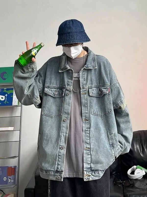 Pánska voľná džínsová bunda, ležérna jednofarebná klopa, jednoradová džínsová bunda, pánska vrchná bunda, bomber, streetwear, vetrovka