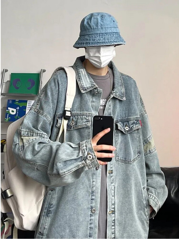 Pánska voľná džínsová bunda, ležérna jednofarebná klopa, jednoradová džínsová bunda, pánska vrchná bunda, bomber, streetwear, vetrovka