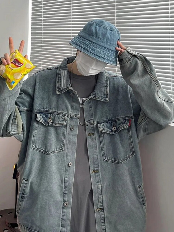 Pánska voľná džínsová bunda, ležérna jednofarebná klopa, jednoradová džínsová bunda, pánska vrchná bunda, bomber, streetwear, vetrovka