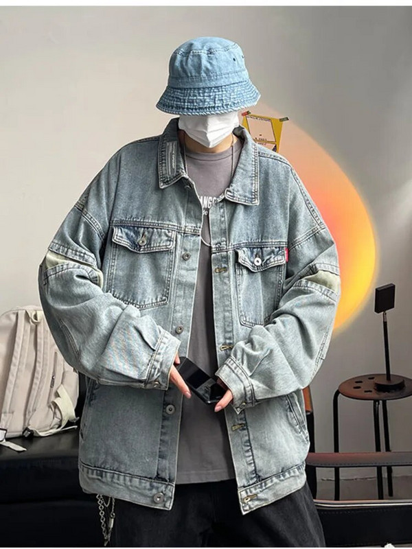 Pánska voľná džínsová bunda, ležérna jednofarebná klopa, jednoradová džínsová bunda, pánska vrchná bunda, bomber, streetwear, vetrovka
